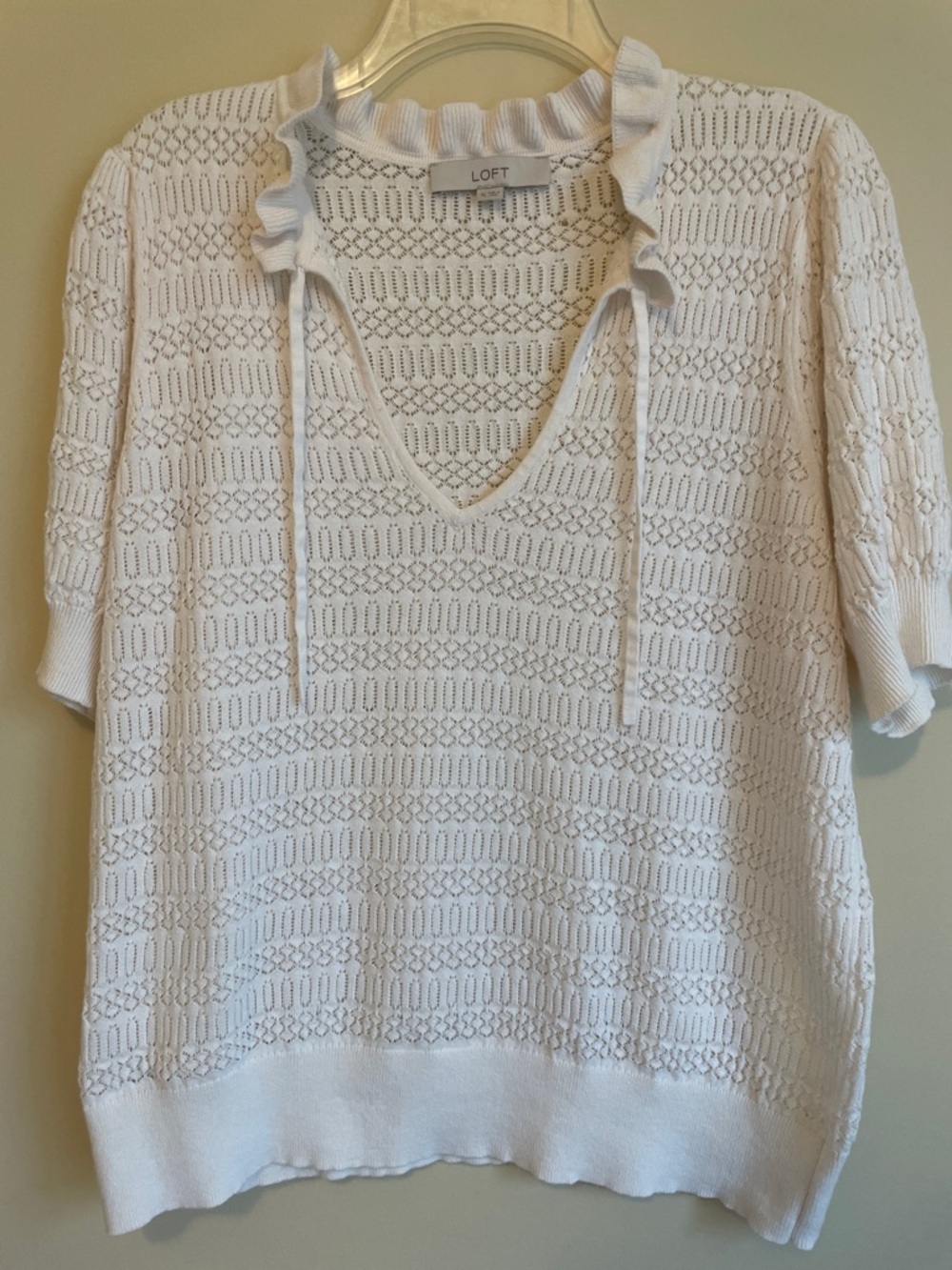LOFT Cream Openwork Ruffle Tie-Neck Pullover